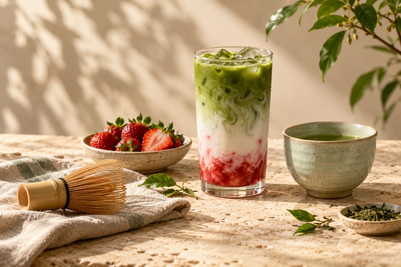 Strawberry matcha latte, green tea and fresh strawberries in warm afternoon light