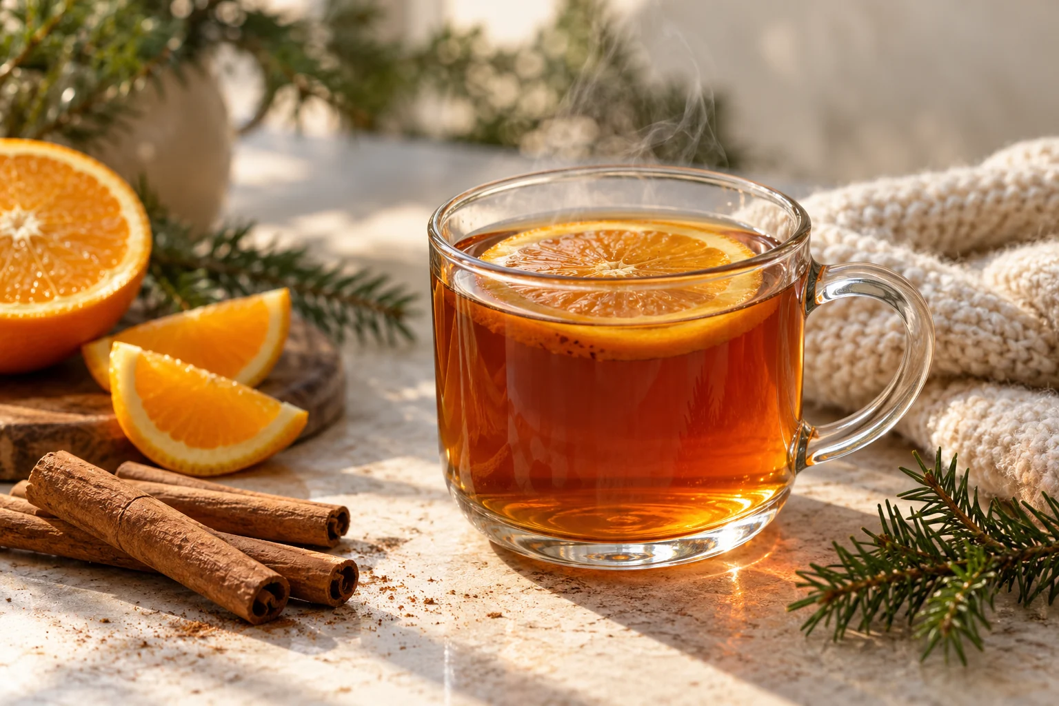 A glass mug of cinnamon orange tea with fresh orange and warming spices